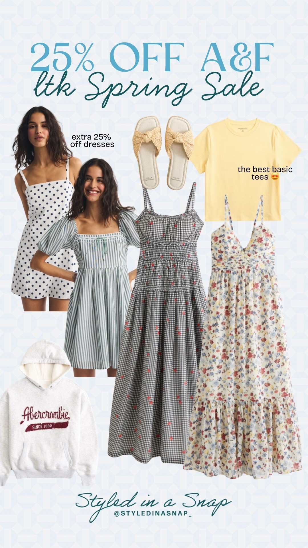 Abercrombie is a splurge for me, but everything is on sale right now! I’m loving these gorgeous spring dresses that are 25% off + an additional 25% off with code AFLTK. This butter yellow tee is stunning for springtime and I love these sandals. 
Spring sale, spring dresses 

#LTKSeasonal #LTKOver40 #LTKSpringSale