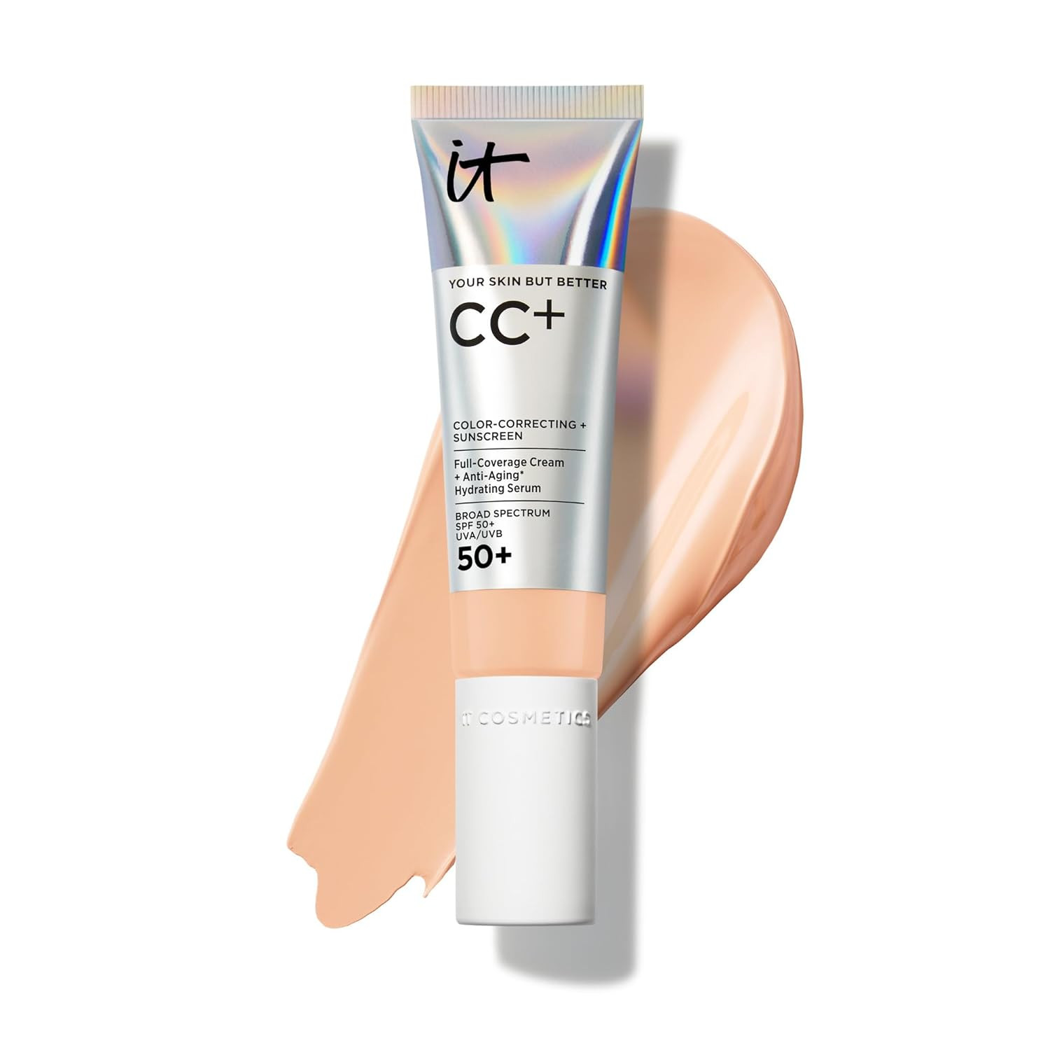 IT Cosmetics CC+ Cream (Light Medium) - Natural Full Coverage Foundation With SPF 50+, Color Corrector & Anti-Aging Hydrating Serum, Hyaluronic Acid + Peptides, Lightweight - 1.08 fl oz | Amazon (US)