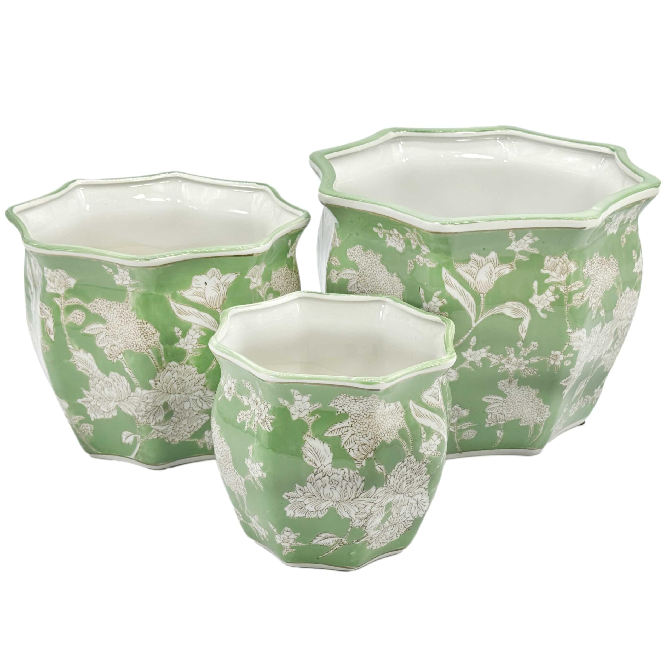 Galt International Green & White Round Fluted Floral Porcelain Ceramic Plant Flower Planter Pot S... | Amazon (US)
