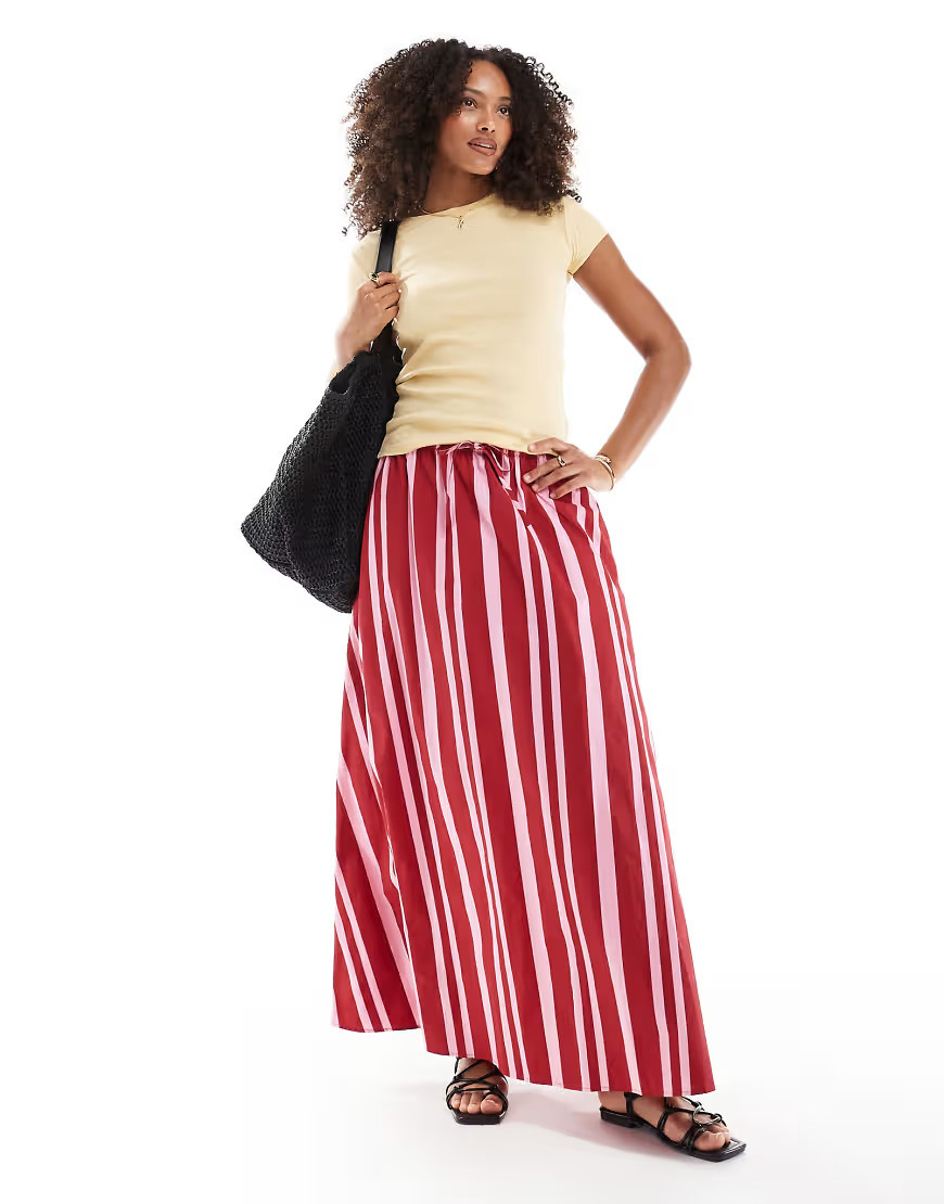 ASOS DESIGN cotton tie waist a line maxi skirt in pink stripe-Multi | ASOS (Global)