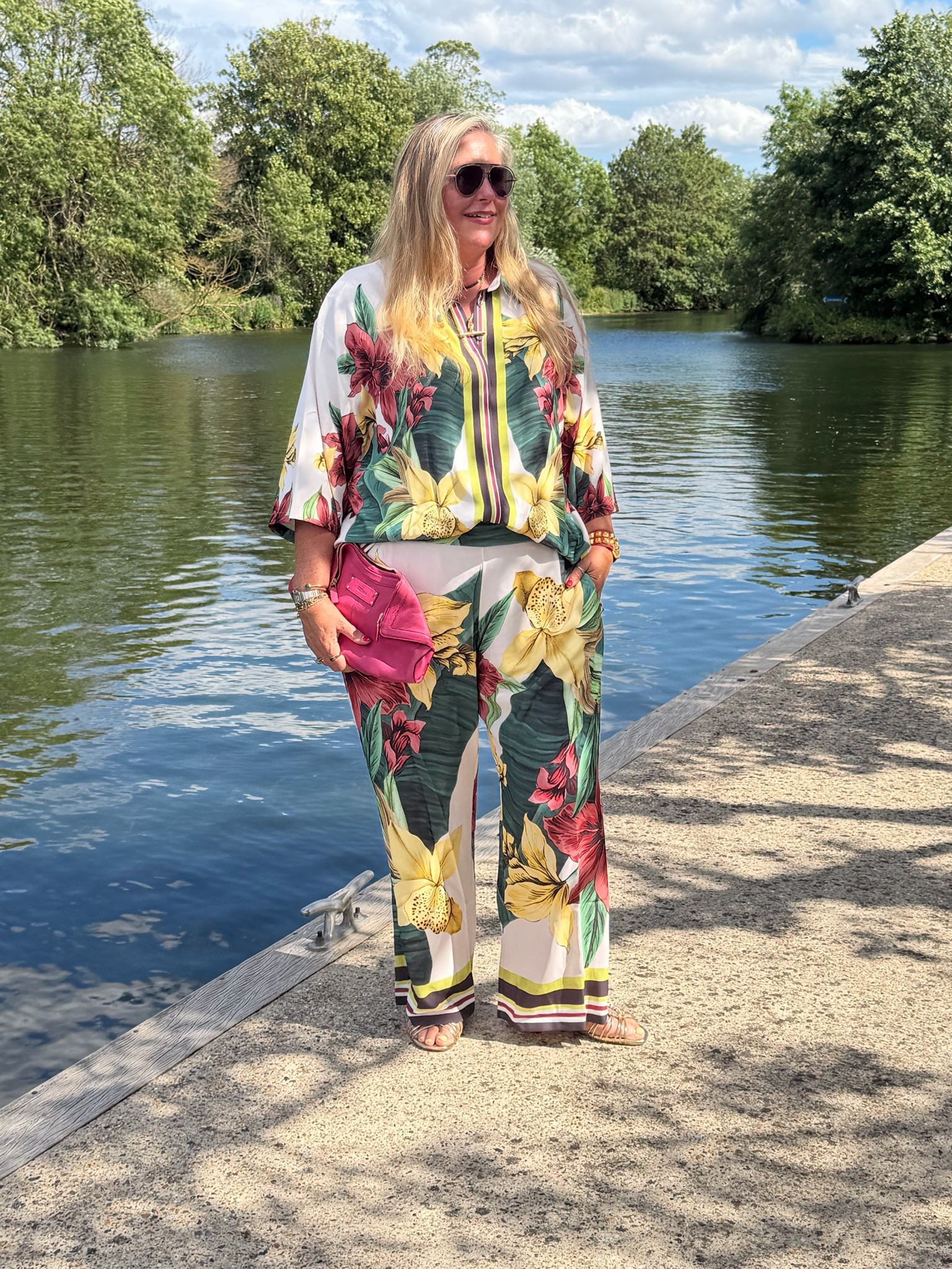 Tropical coord wide leg trousers 3/4 sleeve shirt, sunglasses, sandals, pink bag

#LTKsummer #LTKplussize #LTKstyletip