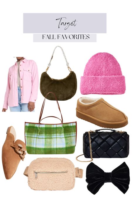 Target fall favorites, button down, pink, Sherpa hat, shoulder bag, plaid purse, quilted bag, mule, chain detail, Sherpa belt bag, hair bow 

#LTKfindsunder100 #LTKSeasonal #LTKstyletip