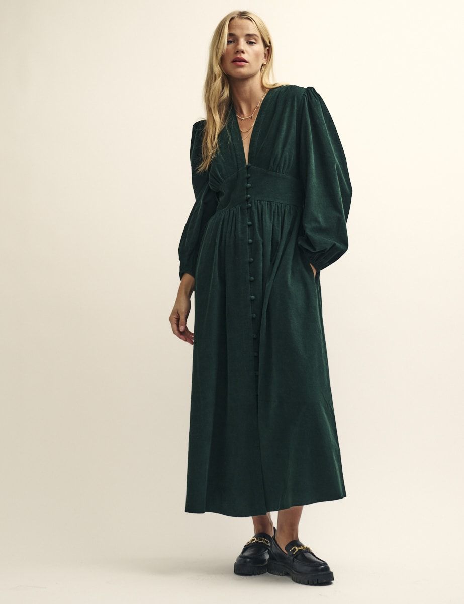 Green Cord Long Sleeve Starlight Midaxi Dress | Nobody's Child