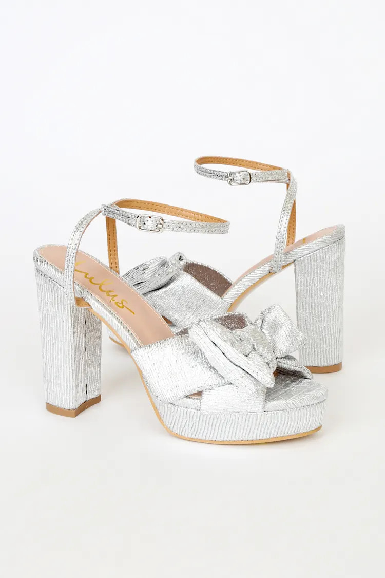 Lilsa Silver Metallic Bow Platform Ankle Strap Heels | Lulus