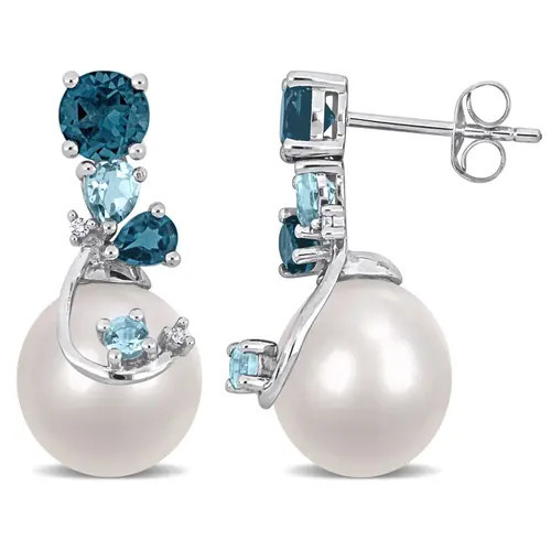 Julianna B. Pearl Blue Topaz & Diamond Drop Earrings in Silver/freshwater Pearl at Nordstrom | Nordstrom
