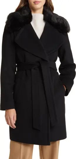 Belted Wool Blend Wrap Coat with Faux Fur Collar | Nordstrom