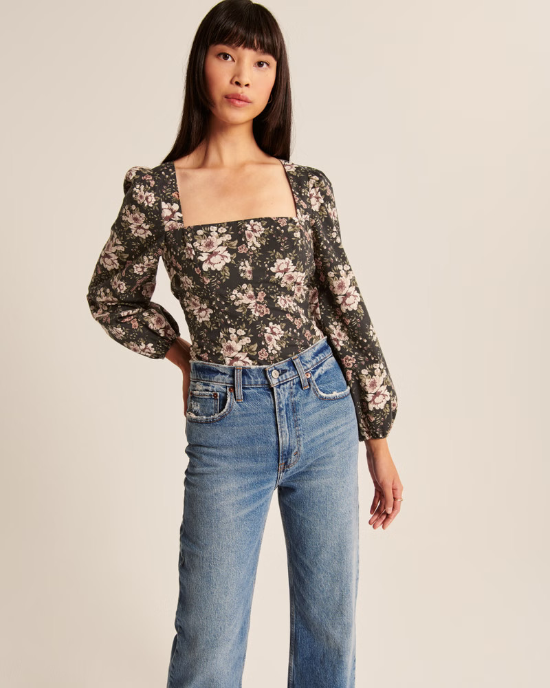 Women's Long-Sleeve Poplin Squareneck Corset Top | Women's Tops | Abercrombie.com | Abercrombie & Fitch (US)