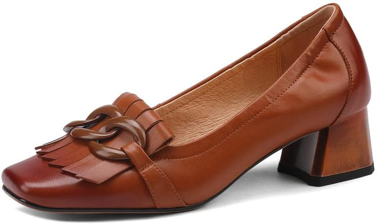 TinaCus Women's Genuine Leather Square Handmade Tassels Chunky Heel Retro Loafers Shoes with Chai... | Amazon (US)