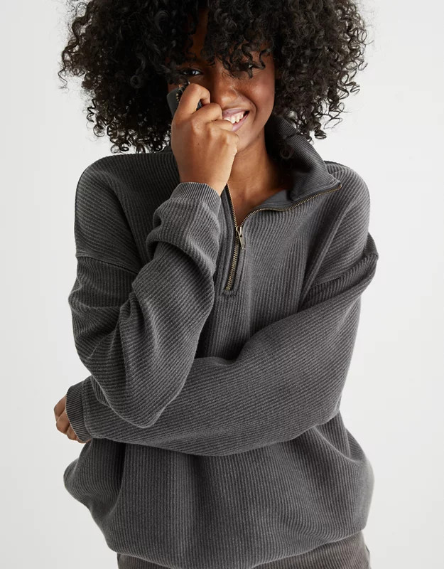 Aerie Good Vibes Corded Oversized Quarter Zip Sweatshirt | American Eagle Outfitters (US & CA)