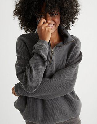 Aerie Good Vibes Corded Oversized Quarter Zip Sweatshirt | American Eagle Outfitters (US & CA)