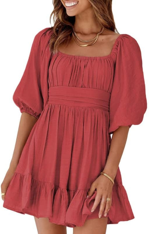 Dokotoo Womens Summer Dresses Square Neck Tie Back Lantern Sleeve Ruffle A-Line Casual Mini Dress | Amazon (US)