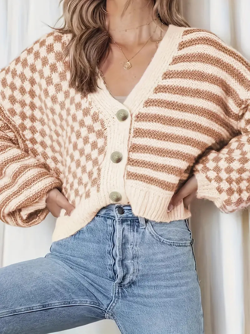 Preppy Plaid Striped Knitted Cardigan Casual Long Sleeve V - Temu | Temu Affiliate Program