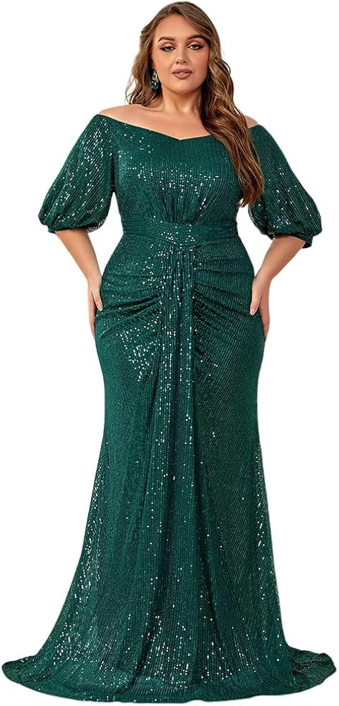 Women's Plus Size Off Shoulder Puff Sleeve Sequin Formal Maxi Dress Evening Party Gowns | Amazon (US)