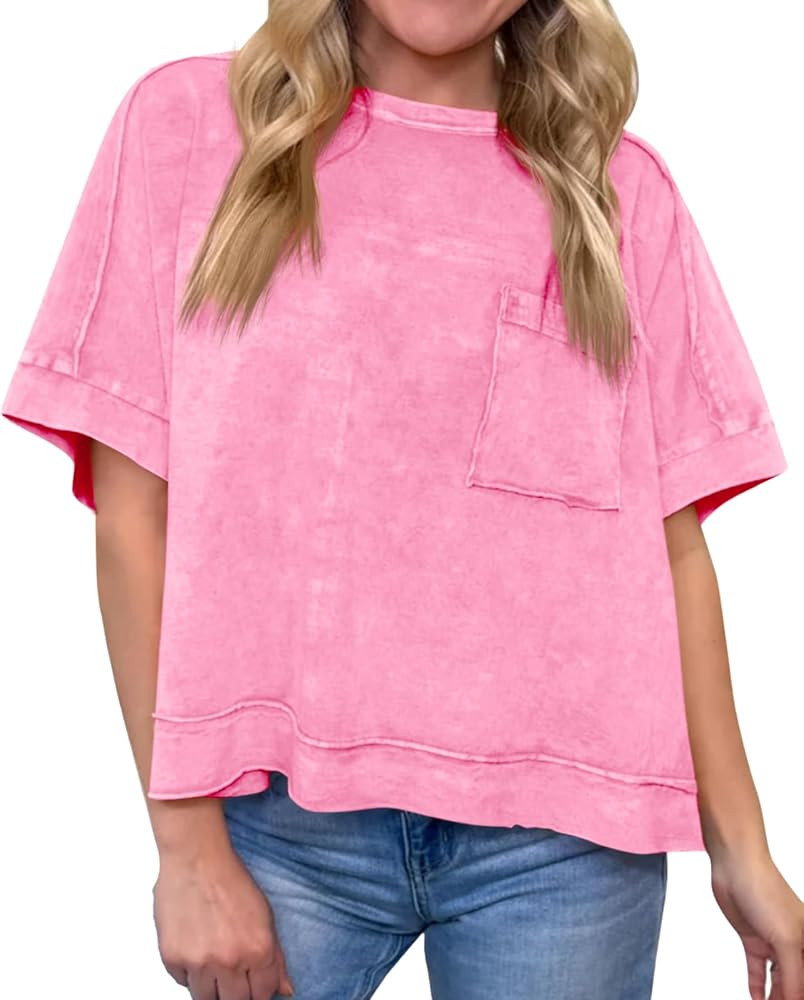 Cicy Bell Womens Summer Cropped T-Shirts Boxy Casual Short Sleeve Crew Neck Tops Acid Wash Cotton... | Amazon (US)