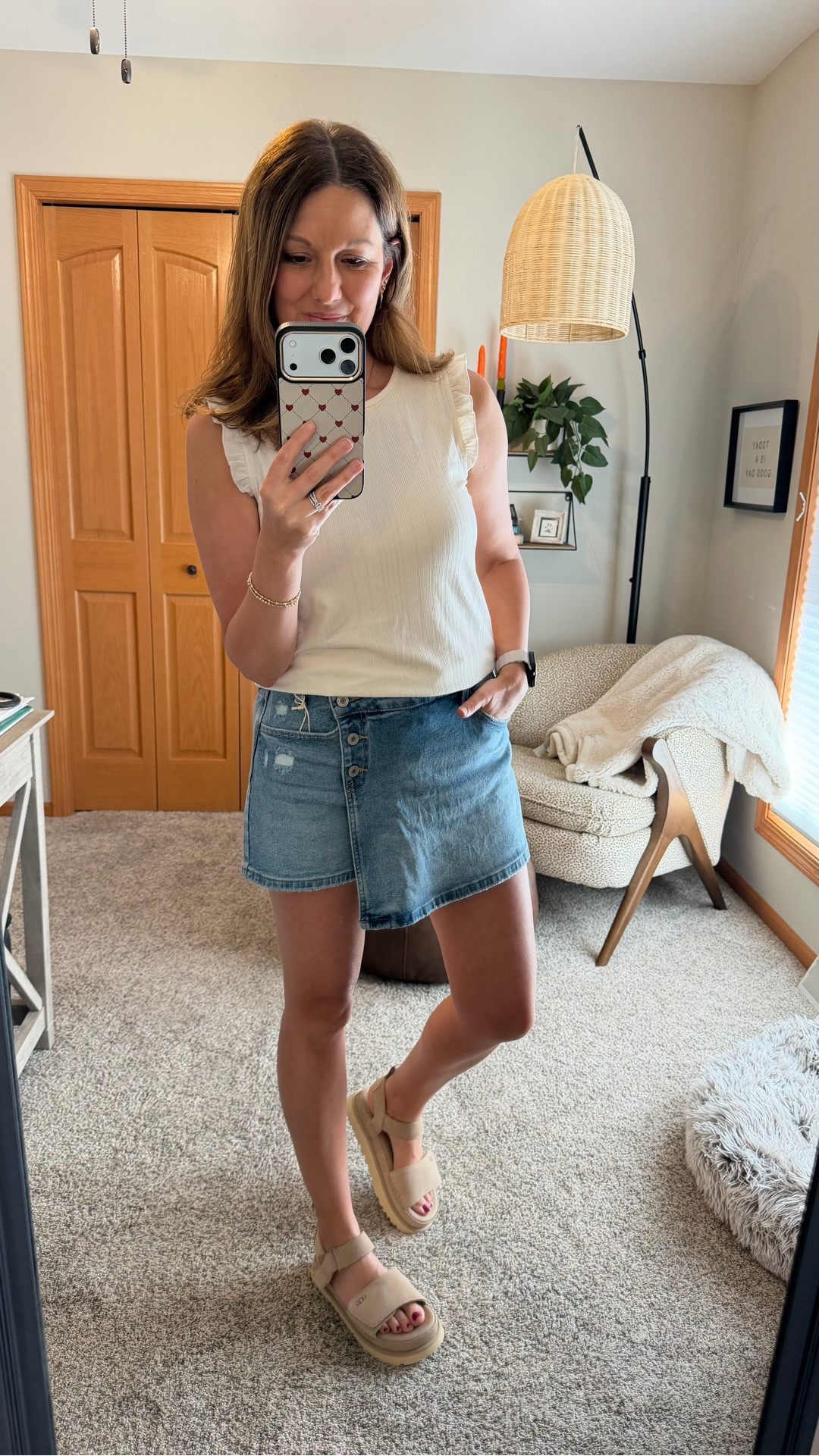 Another cute tank top from Maurices that works perfect with a regular bra! Love the ruffle details on the shoulder! Comes in two other colors. 

Fit Tips
Tank (wearing in XS, could also do S) 
Skort (tried 26 and 27, went with 27 for a little extra length)
Sandals (tts) 

Maurices | Summer Outfit | Denim
Skort 

#LTKSaleAlert #LTKOver40