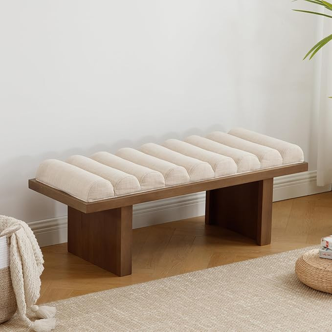 47" Modern Bed Bench, Dining Bench with Natural Legs, Upholstered Linen Bench End of Bed Stool fo... | Amazon (US)