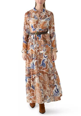 Women's Long Sleeve Floral Collared Dress with Belted Waist | Belk