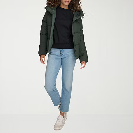 Dockers Womens Hooded Water Resistant Midweight Puffer Jacket, Large, Green | JCPenney