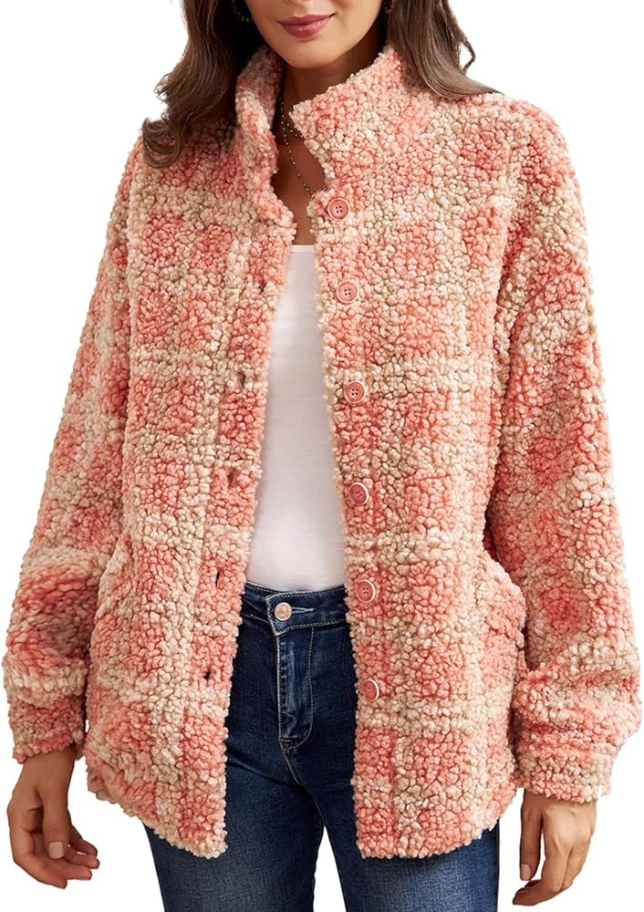 GRACE KARIN Women Warm Coat Sherpa Teddy Jacket Plaid Botton Outwear Pockets | Amazon (US)
