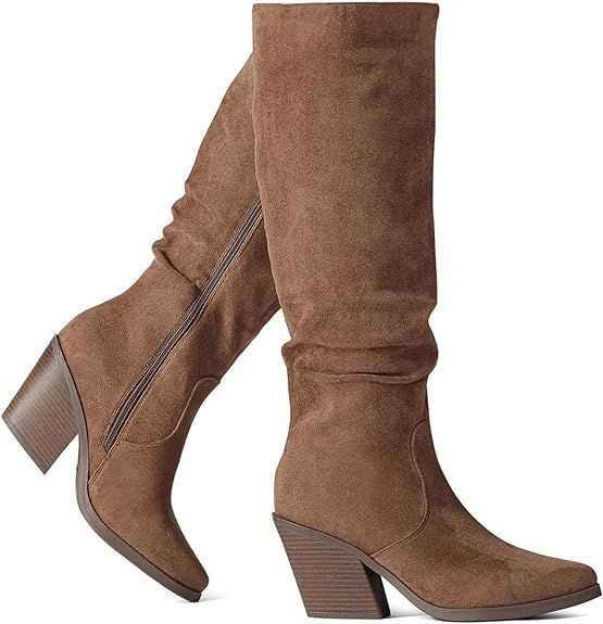 Putu Women's Pointed Toe Knee High Boots Faux Suede Stacked Chunky Heel Boots Side Zipper Slouchy... | Amazon (US)
