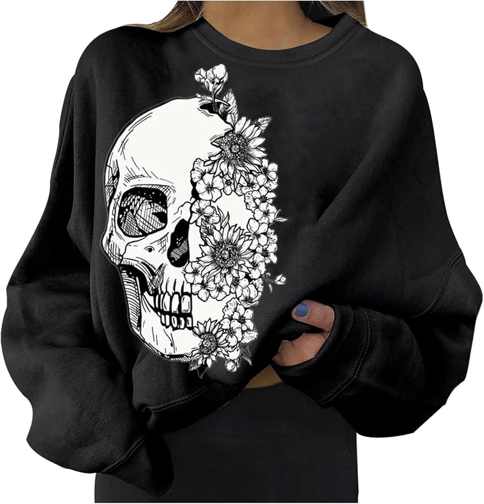 LOFAAC Women Halloween Flower Skull Graphic Print Fleece Oversized Sweatshirt Long Sleeve Crewnec... | Amazon (US)