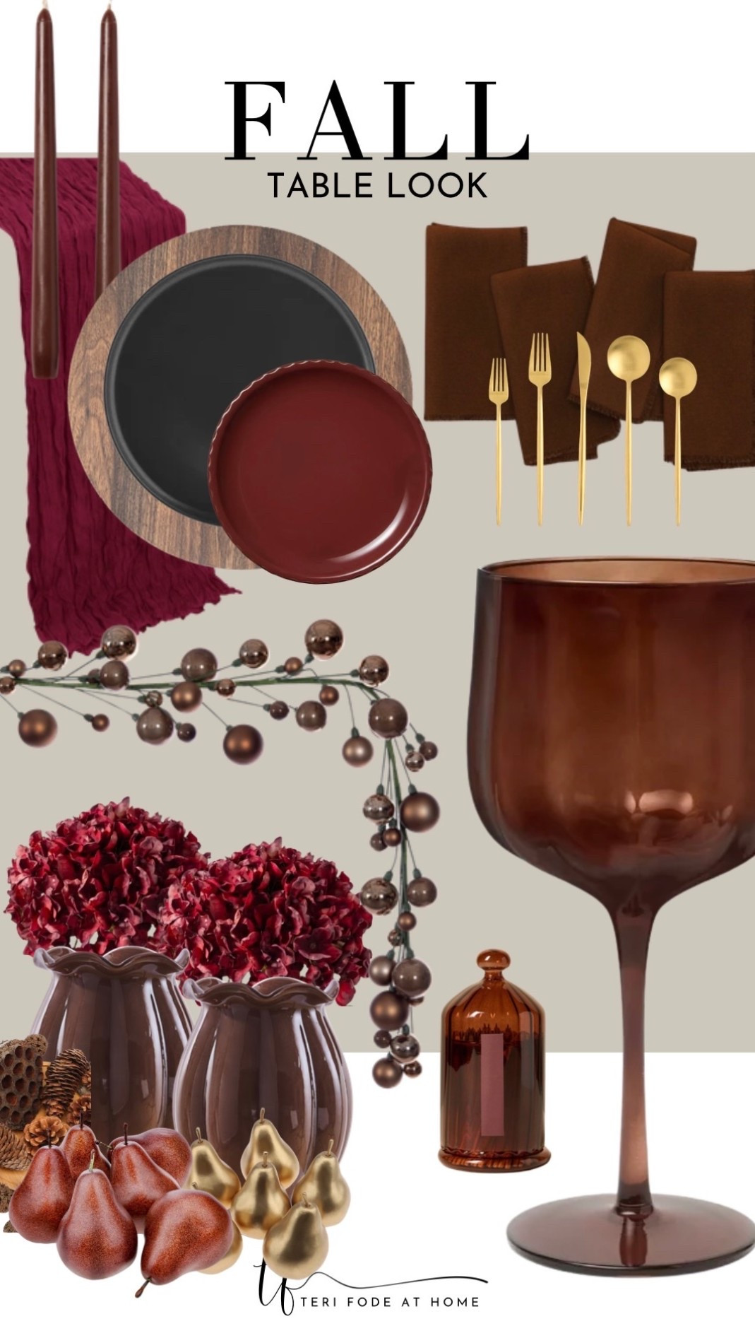 Fall table decor, moody fall tablescape, burgundy table decor, chocolate brown decor, fall dinnerware, burgundy plates, black dinner plates, wood chargers, brown cloth napkins, gold flatware, brown wine glasses, taper candles, amber glass decor, decorative garland, fall centerpiece, burgundy hydrangeas, brown glass vases, autumn entertaining, Thanksgiving table decor, modern hostess, elegant fall table, fall hosting essentials, moody home decor, seasonal tablescape inspiration.

#LTKfoodie #LTKSeasonal #LTKHome