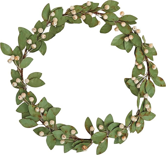 Creative Co-Op Round Painted Metal Leaf and Berry Wreath, Green and Antique Pink | Amazon (US)