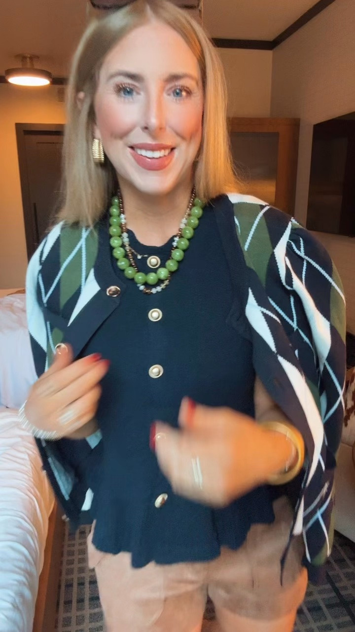 LTK Con outfit! Walmart style, free assembly, argyle cardigan, faux suede shorts, beaded necklaces

#LTKgrwm #LTKCon #LTKootd