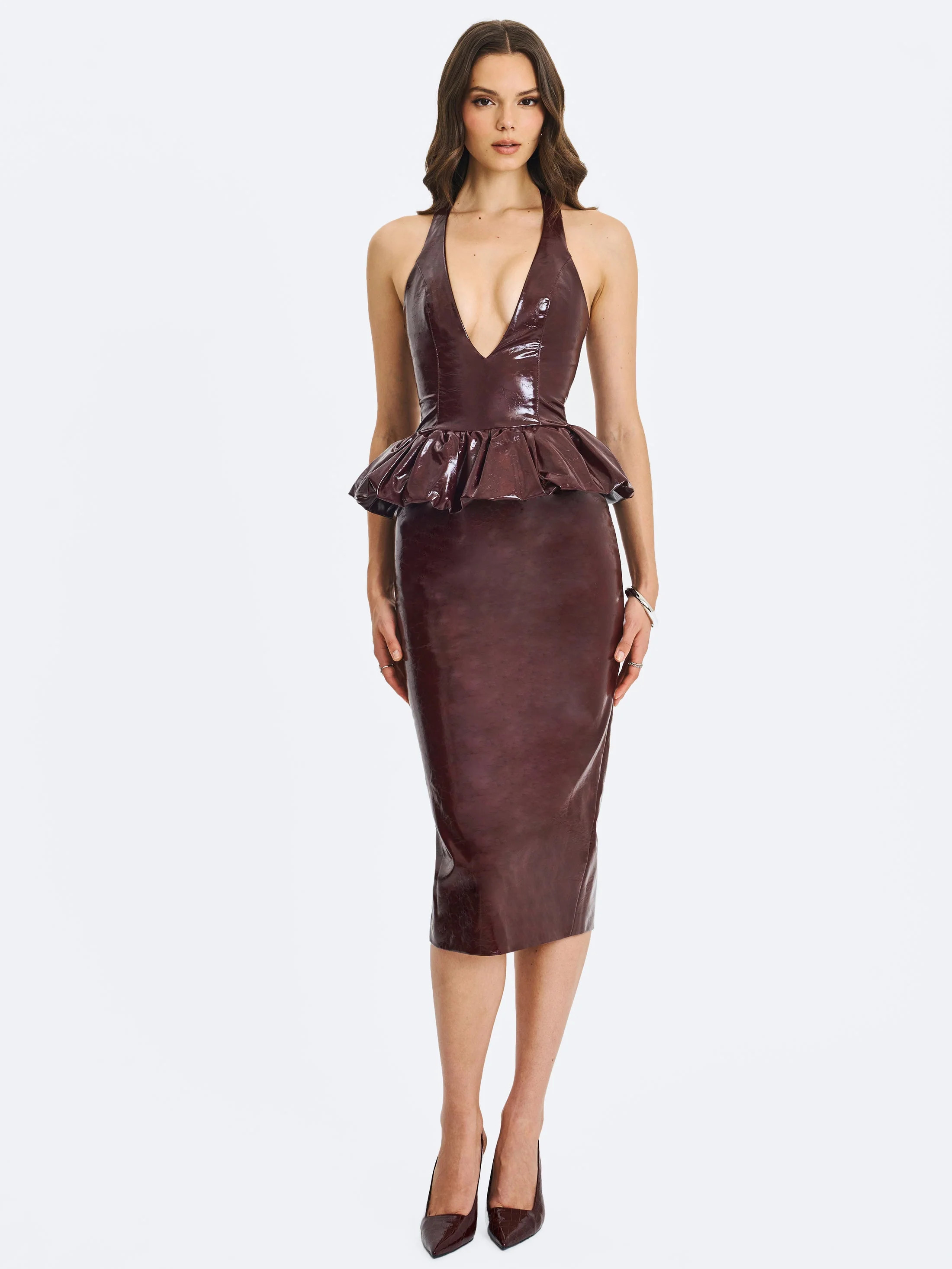 Miss Circle Women Jaslene Mahogany Ruched Peplum Plunge Halter Midi Dress | Shop Simon