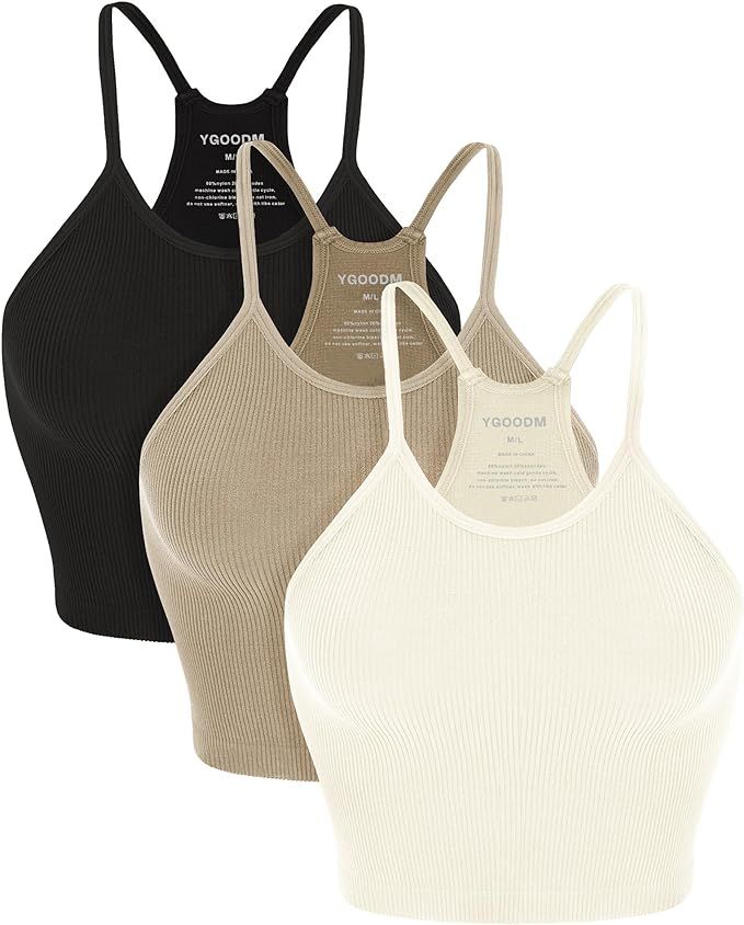 Women's Crop Tank Tops 3-Pack Y2K Ribbed Knit Strap Seamless Camisole Workout Gym Yoga Soft No Pa... | Amazon (US)