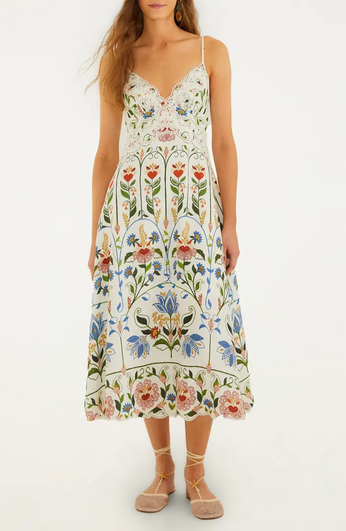 FARM Rio Garden Embroidered Linen Midi Sundress | Nordstrom | Nordstrom