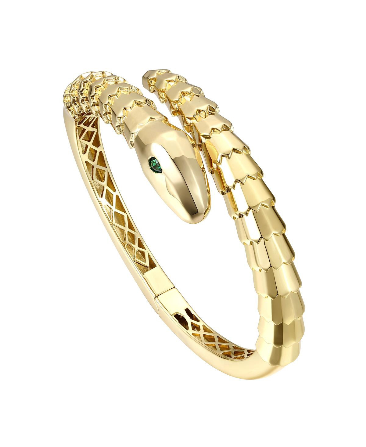 Rachel Glauber 14k Gold Plated with Green Eyes Cubic Zirconia Textured Coiled Serpent Bypass Bangle Bracelet - Gold | Macy's