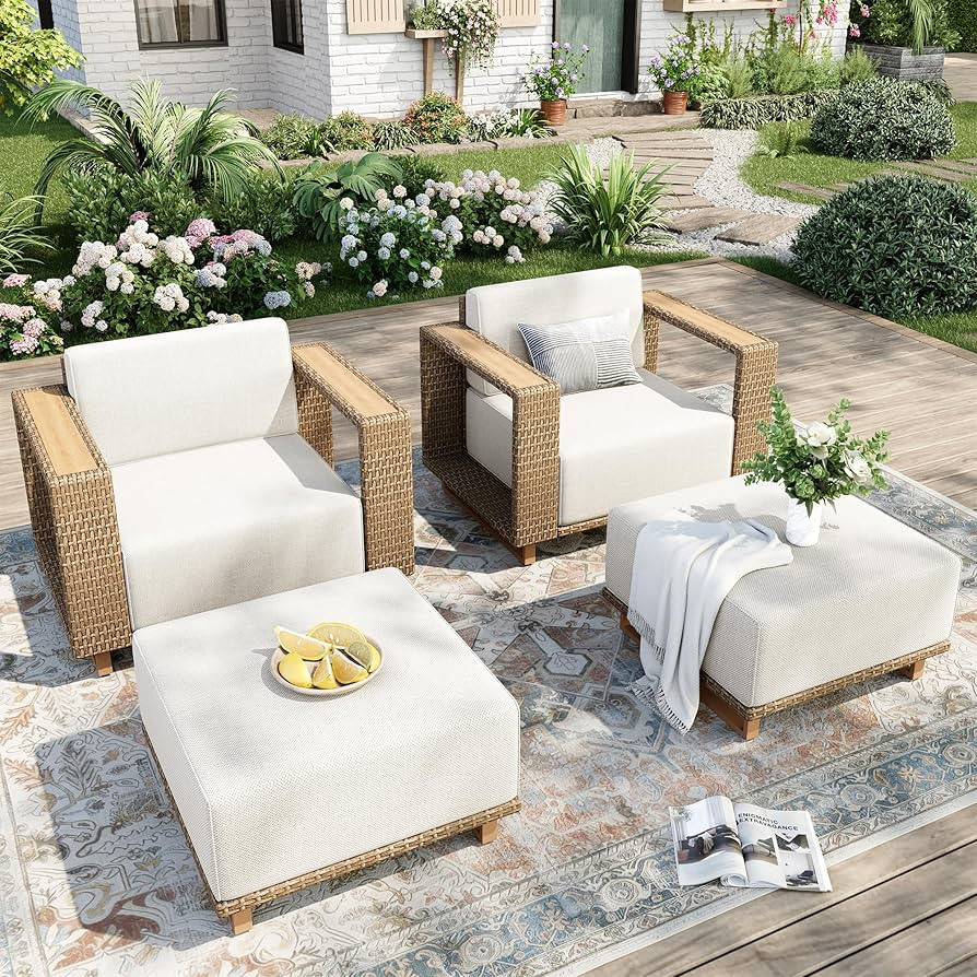 4 Pcs Outdoor Patio Furniture Set, Yellow Rattan Wicker Modular Couch Chairs, 2 Rattan Single Sof... | Amazon (US)