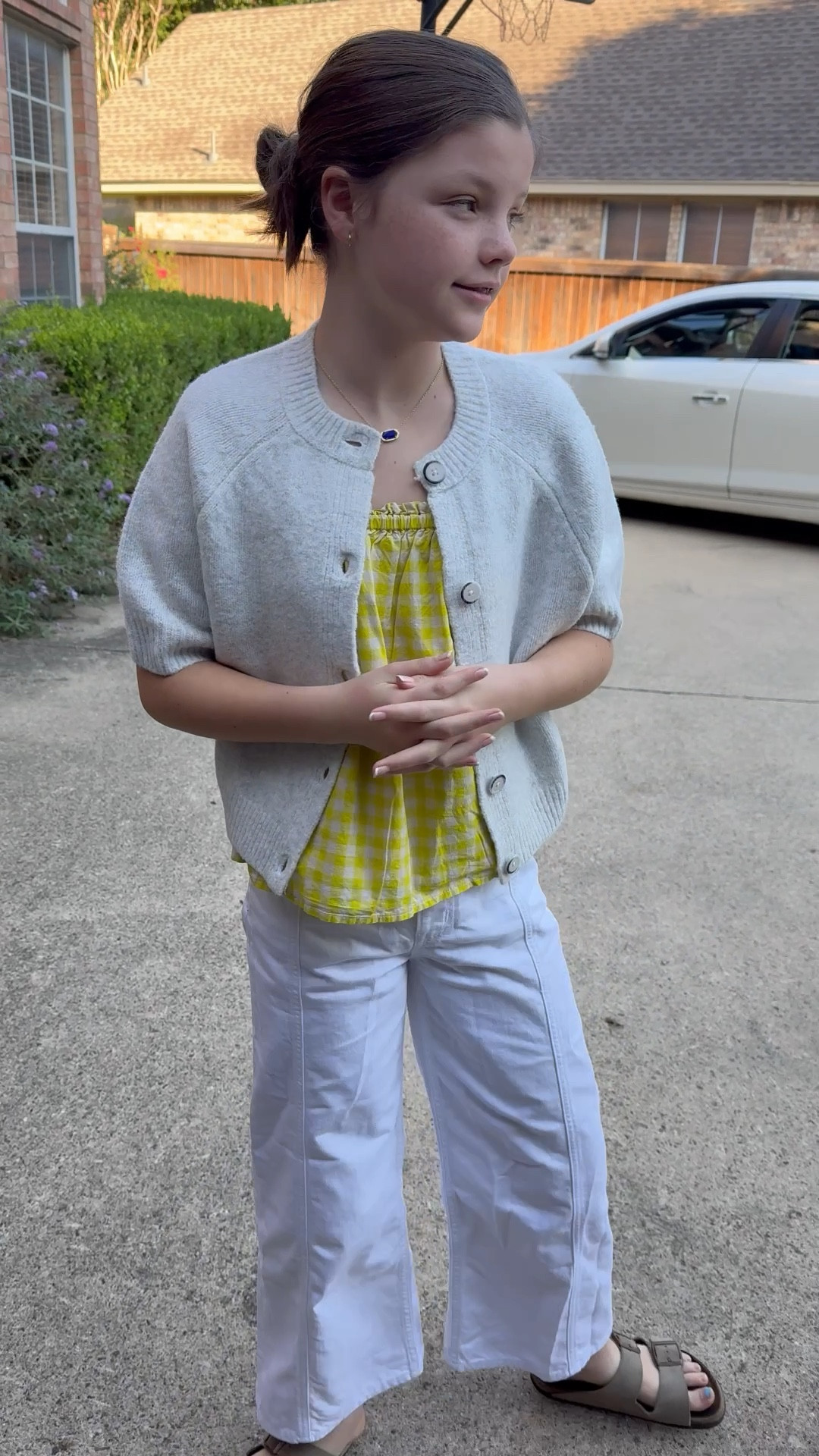 Cuuuuuuute Fall layer. Comes in LOTS of colors. Women’s sizing (I bought one as well!) but the XS fits her since there’s not a shoulder seam. SUPER SOFT!