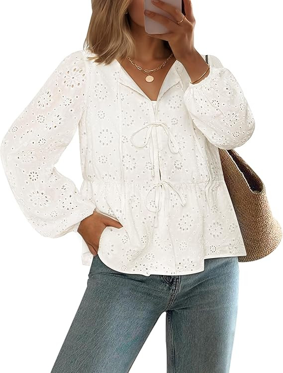 NENONA Women's Bow Tie Front Babydoll Peplum Blouses Dressy Casual Tops Business Work Embroidered... | Amazon (US)