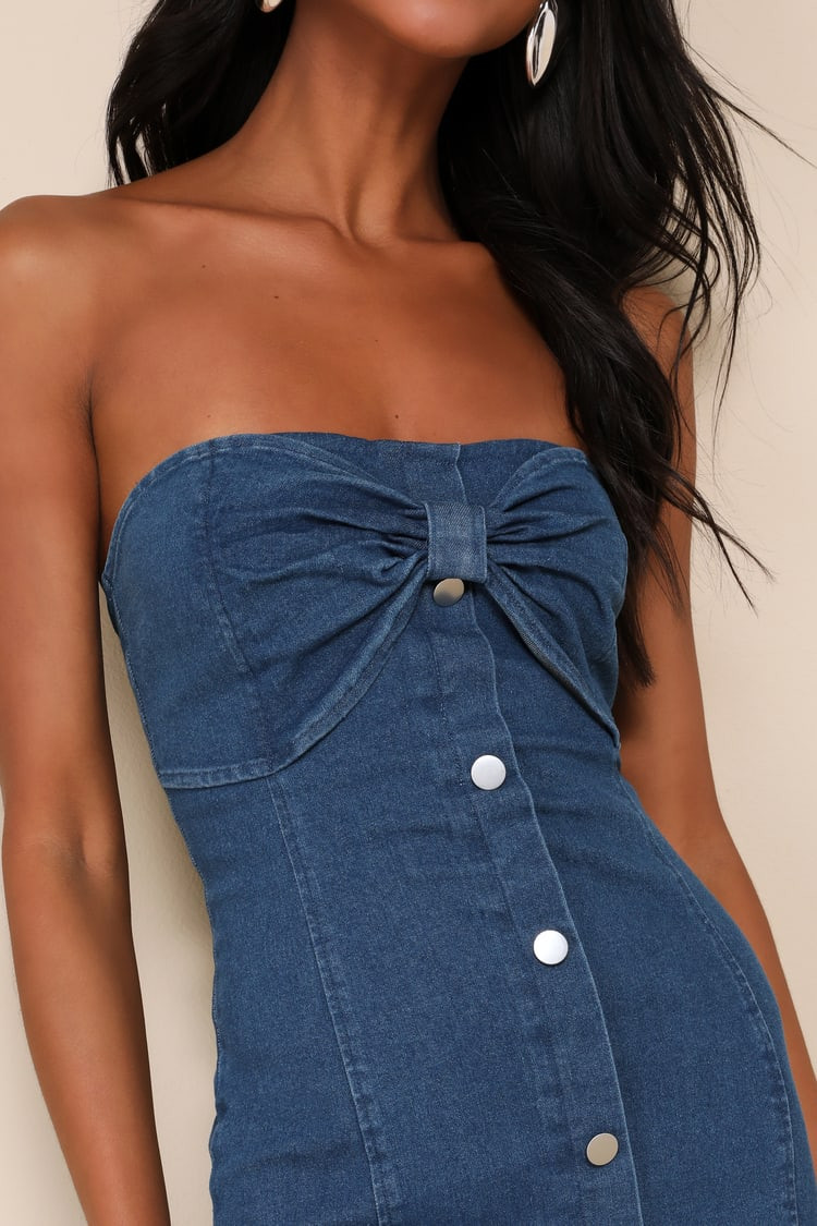 Utter Perfection Dark Wash Denim Strapless Bow Midi Dress | Lulus