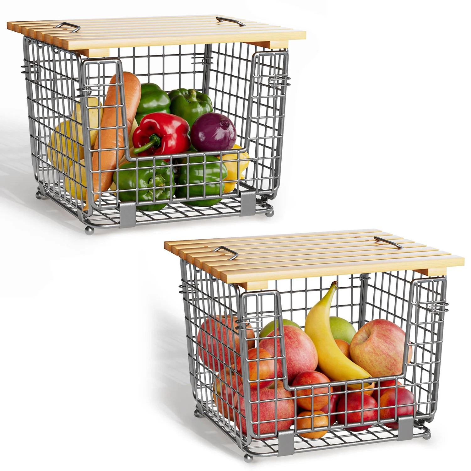 TINANA Stackable Fruit Baskets with Bamboo Top: 2 Pack Pantry Organizer for Kitchen Counter, Stor... | Walmart (US)