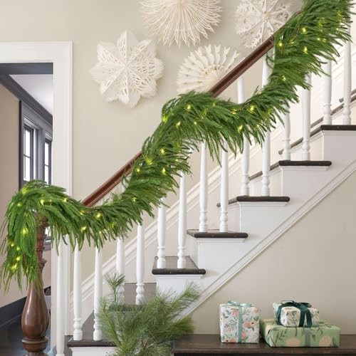 2PCS 9FT Norfolk Pine Garland with 100 Lights.120 Pine Branches, Realistic Christmas Garland HolidayGreenery for Stairs Table Wall Christmas Decorations | Amazon (US)