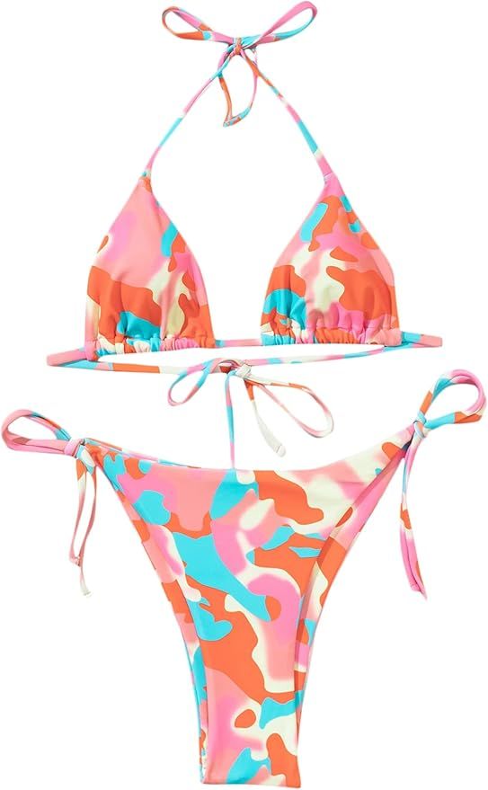 SOLY HUX Women's Floral Print Halter Triangle Tie Side Bikini Set Two Piece Swimsuits | Amazon (US)