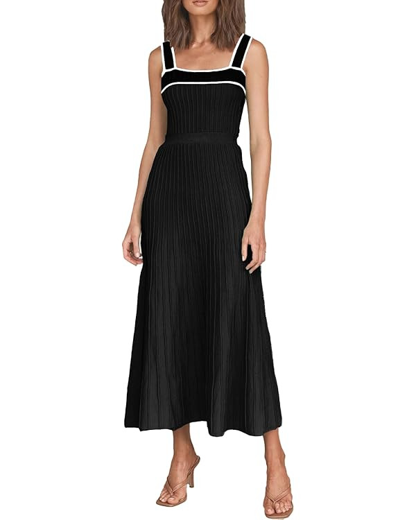 ARTFREE Womens Ribbed Knit Summer Maxi Dresses Tie Straps Square Neck Party Long Dress | Amazon (US)