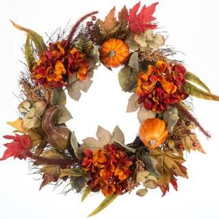 Home Accents Holiday 22 in. Unlit Artificial Hydrangea and Pumpkin Fall Wreath-2455670HD - The Ho... | The Home Depot