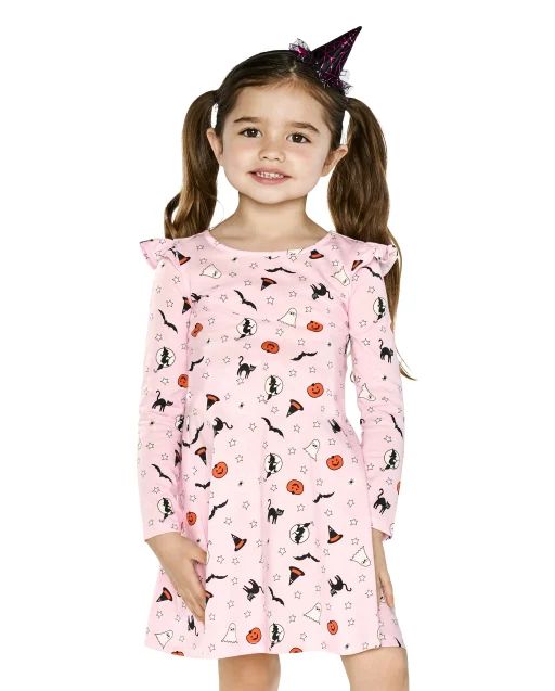 Baby And Toddler Girls Long Sleeve Halloween Print Knit Skater Dress | The Children's Place | The Children's Place