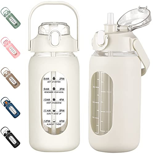 kytffu 42oz Glass Water Bottles with Straw, Motivational Glass Bottle with Silicone Sleeve and Time Marker, Leakproof Large Glass Water Jug for Gym Home Office,White | Amazon (US)