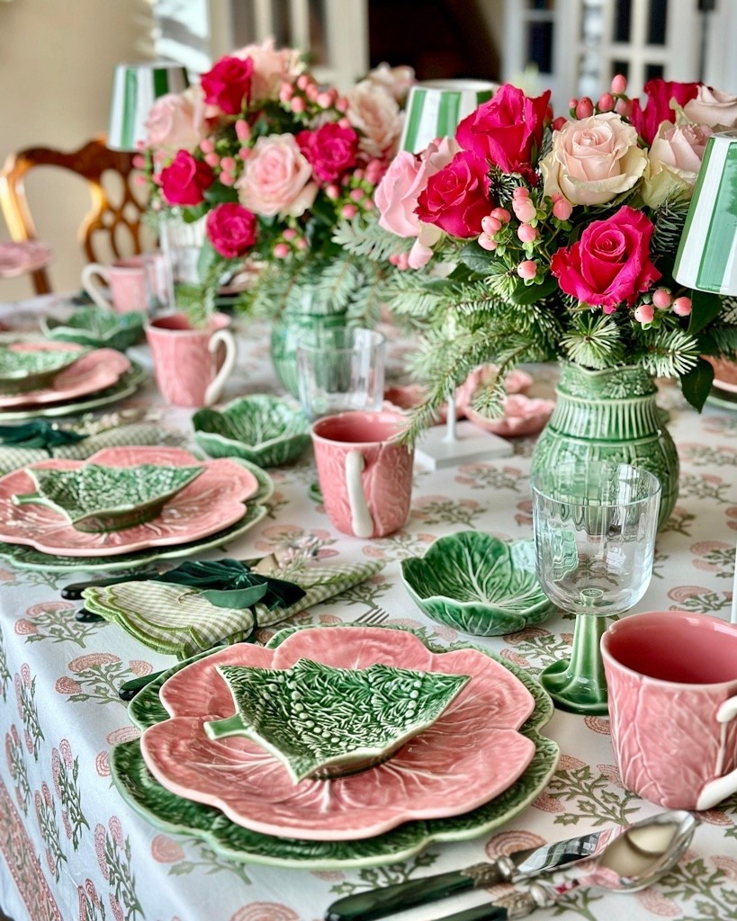 Pink and green Christmas table cabbageware Williams Sonoma bordallo Pinheiro Christmas dishes 

#LTKSeasonal #LTKHome #LTKHoliday