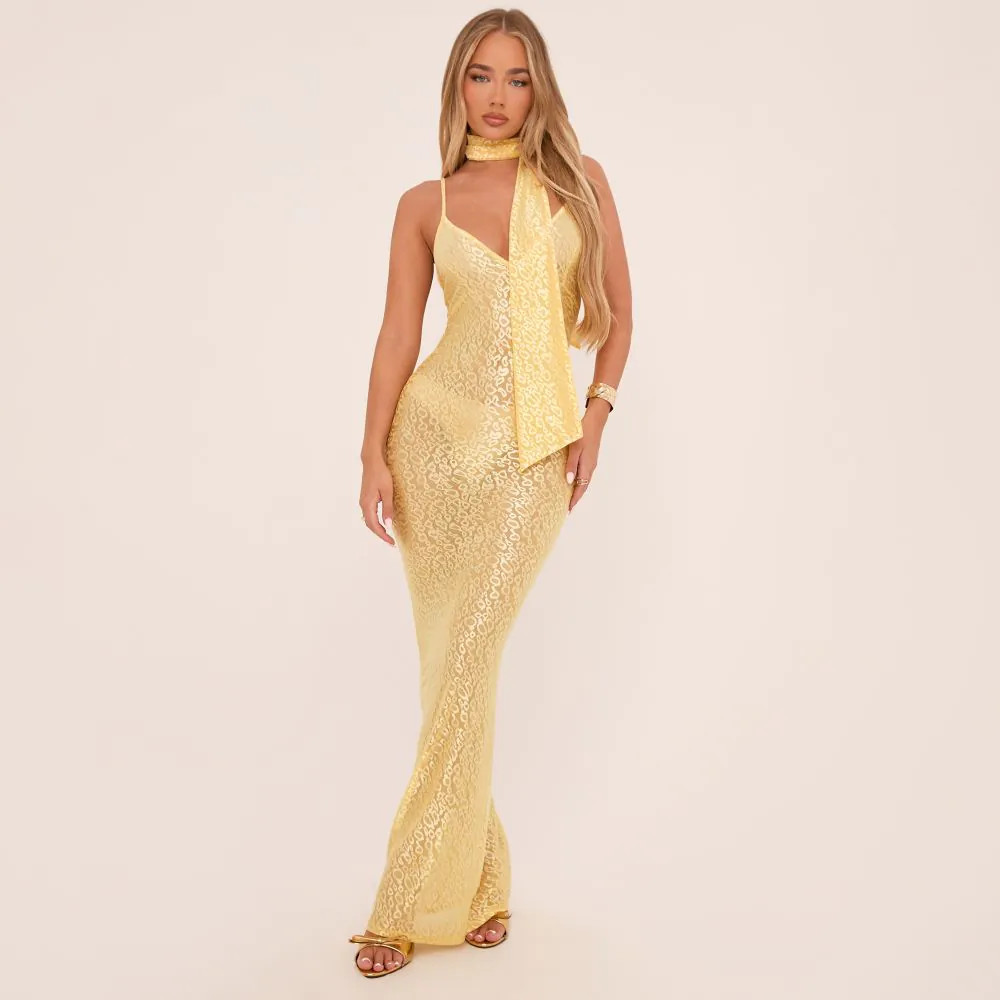 Strappy V Neck Maxi Dress With Neck Scarf In Yellow Leopard Print Lace | EGO Shoes (US & Canada)