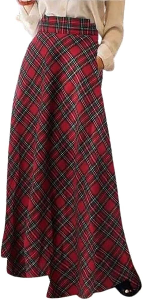 Women's Vintage Plaid Maxi Skirt High Waist Tartan Pleated A Line Long Skirt with Pockets | Amazon (US)
