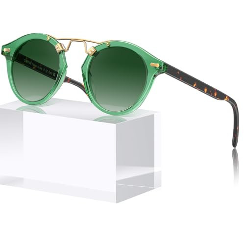 CARFIA Small Face Clear Green Acetate Polarized Sunglasses for Women UV Protection, Retro Metal Double Bridge Round Eyewears | Amazon (US)