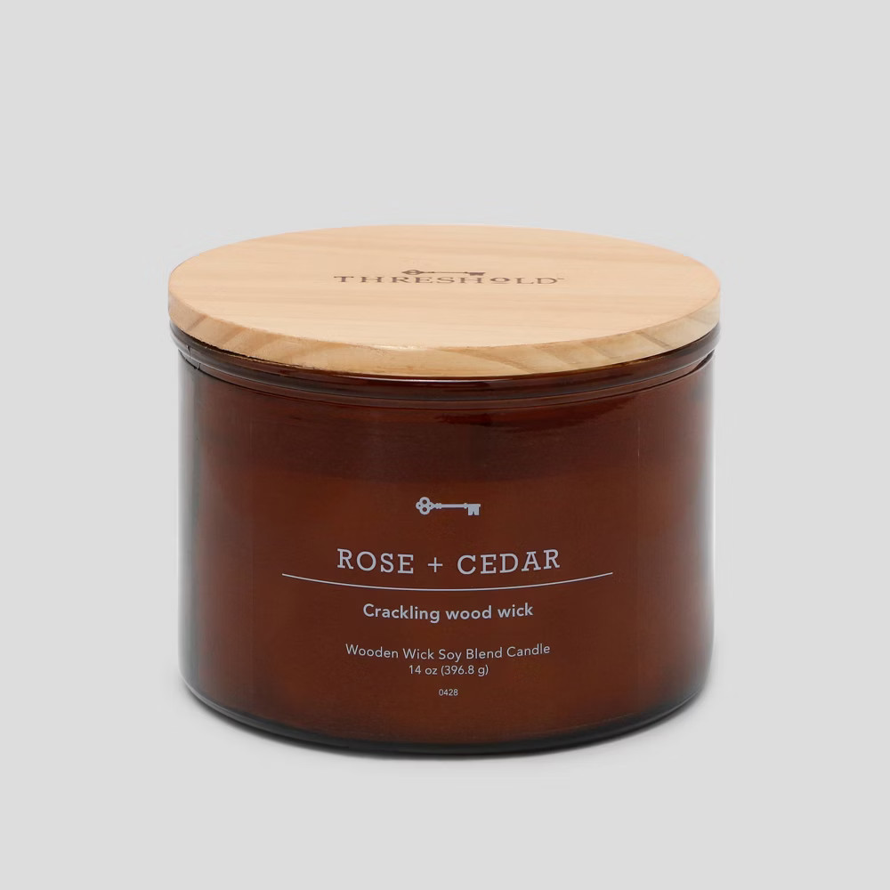 14oz Lidded Glass Jar Crackling Wooden 3-Wick Rose and Cedar Candle - Threshold | Target