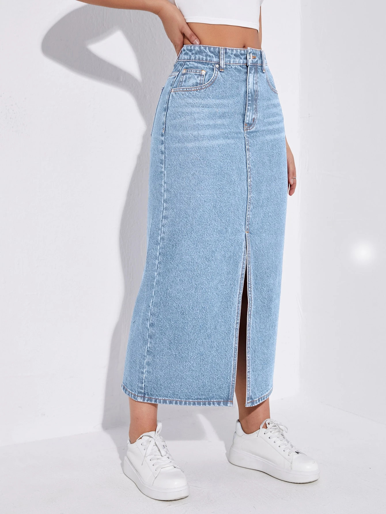 SHEIN EZwear High Waist Slit Denim Skirt | SHEIN