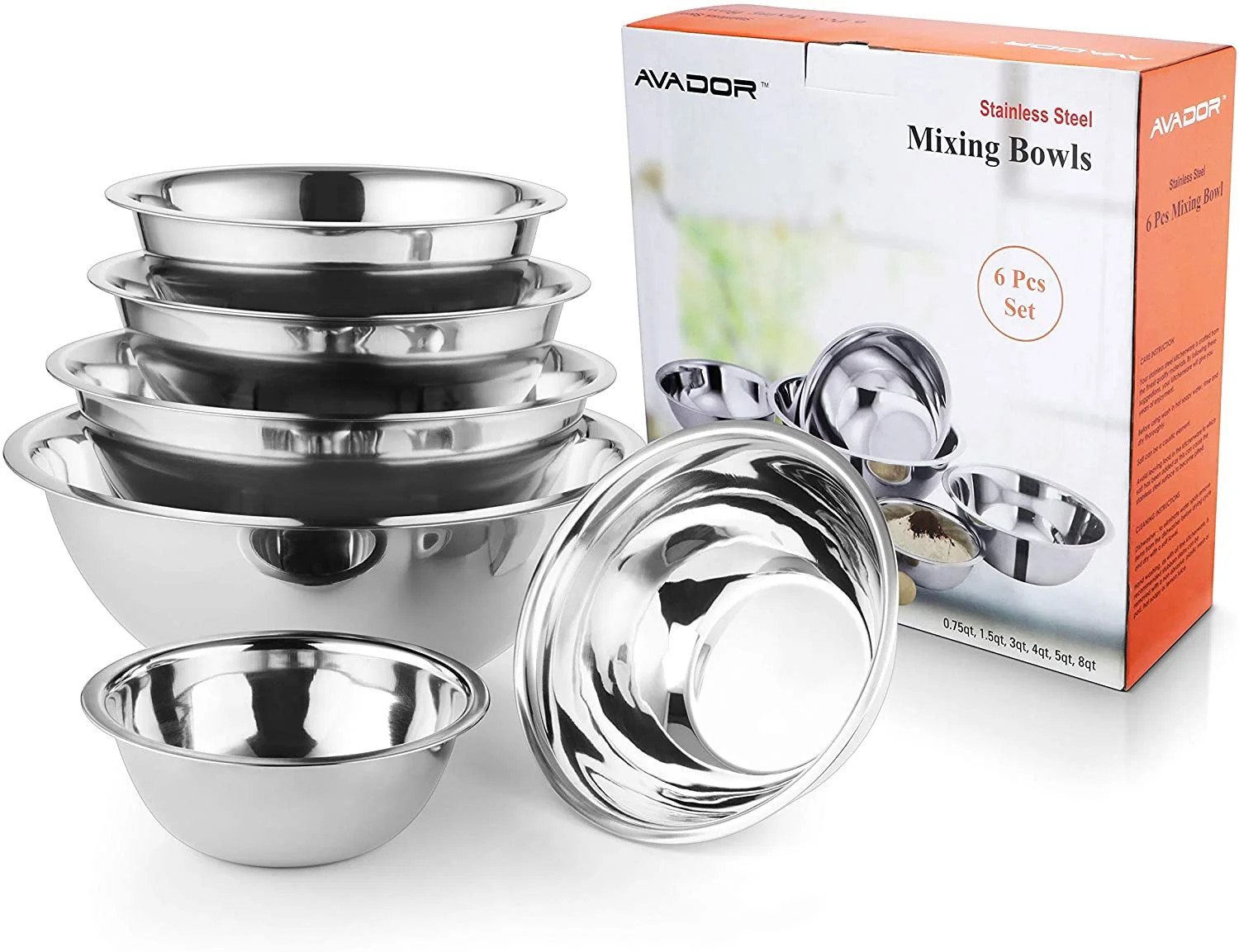 AVADOR Premium Stainless Steel Mixing Bowls, Set of 6 Brushed Stainless Steel Mixing Bowl Set, Ea... | Walmart (US)